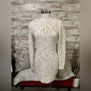 White Long Sleeve Multicolor Knit Sweater Dress